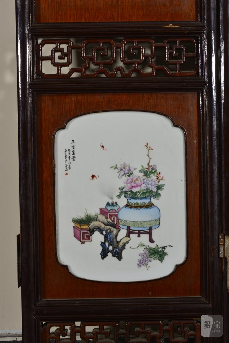 近现代 魏焕明、余少良合作双面粉彩山水人物八联落地大屏风 - 图46